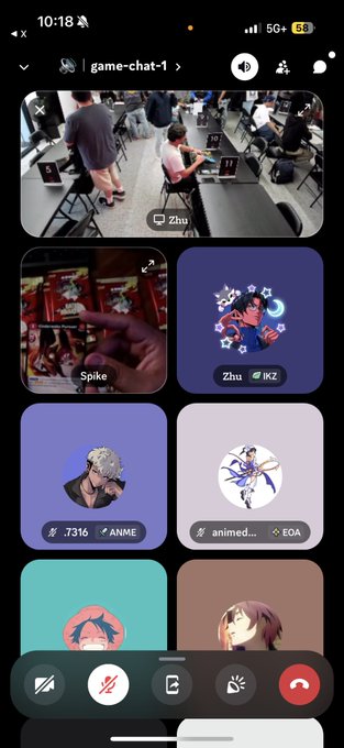 Mobile voice chat app interface (game-chat-1) showing a grid of participant tiles including users named 'Zhu', 'Spike', 'ANME', and 'EOA', with various anime avatars.