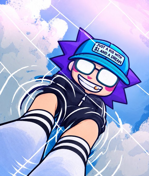 A digital cartoon illustration features a character with spiky purple hair, round sunglasses, and a blue cap reading 'JUST A KID WITH $1 AND A DREAM' against a sky background.