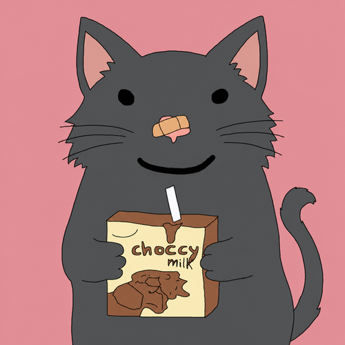 A cartoon illustration of a dark grey cat with a brown nose holding a 'choccy milk' carton against a pink background.