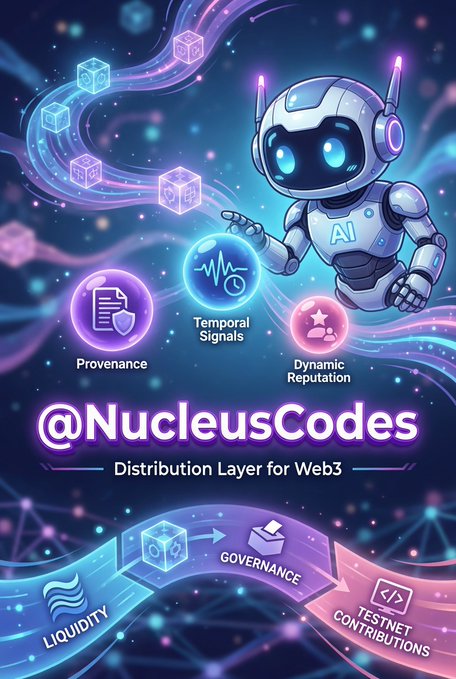 A promotional graphic for @NucleusCodes, labeled as a 'Distribution Layer for Web3,' featuring a friendly robot mascot alongside icons for 'Provenance,' 'Temporal Signals,' and 'Dynamic Reputation,' with a workflow showing Liquidity, Governance, and Testnet Contributions.