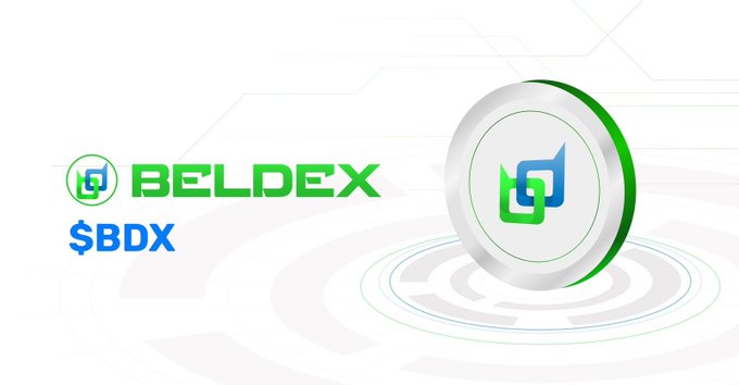 A promotional graphic for BELDEX ($BDX) showing a green and white logo alongside a 3D coin design on a light background.