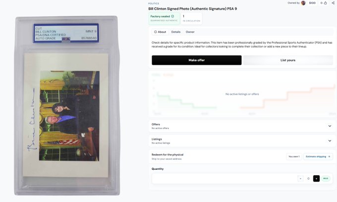 A PSA 9 graded autographed Bill Clinton signed photo (Authentic Signature) listed for sale on an online collectibles marketplace.