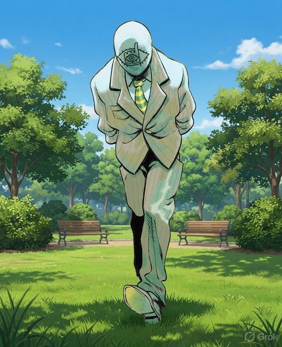 A Grok-generated illustration shows a mysterious figure in a light suit with an eye symbol on its face standing in a park.