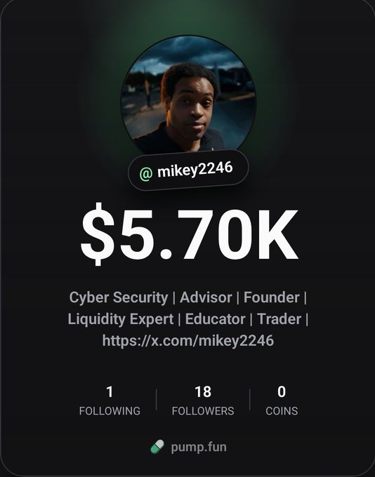 A profile card for "mikey2246" displays a portfolio value of $5.70K, with the username labeled under an outdoor photo and credentials listed as "Cyber Security | Advisor | Founder | Liquidity Expert | Educator | Trader," linking to https://x.com/mikey2246. The accompanying post promotes a pump.fun token launch and airdrop, aligned with the profile's "18 FOLLOWERS, 0 COINS" stats shown at the bottom.