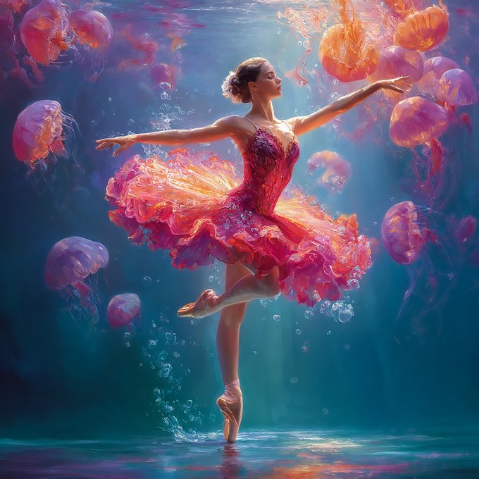 A vibrant digital painting portrays a ballerina in a flowing pink tutu performing en pointe underwater, gracefully surrounded by floating pink and orange jellyfish in a sunlit aquatic environment.