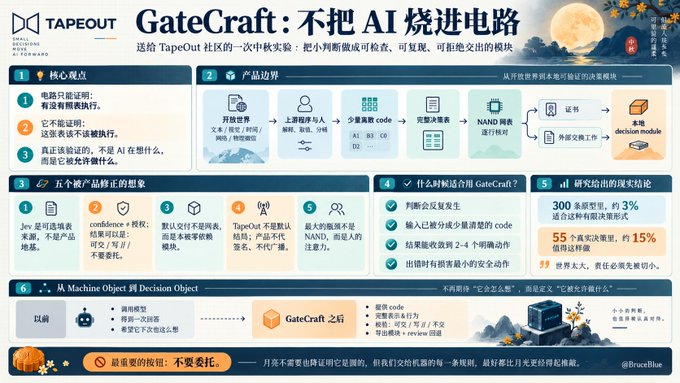 Chinese-language infographic titled "GateCraft: 不把 AI 烧进电路" (TapeOut) explaining a review process for code modules, citing research findings like "300 论文模型中, 约3%" and "55 个真实决策里, 约15%" with GateCraft as a Decision Object.