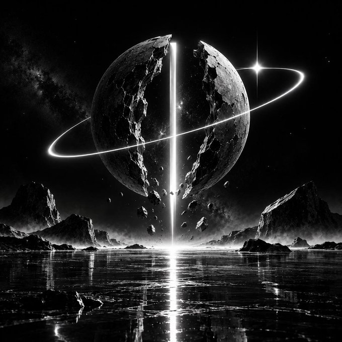 A black-and-white sci-fi artwork depicting a fractured planet in space with a glowing vertical beam of light splitting it, orbiting rings, and a reflective water surface below with rocky terrain.