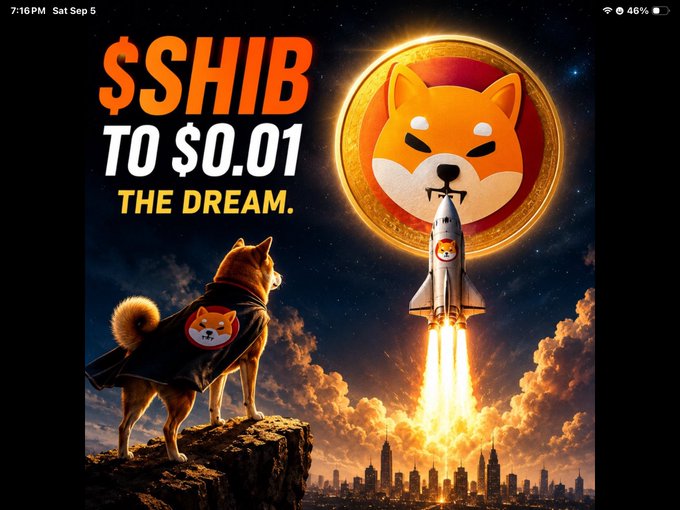 An AI-generated promotional image featuring a Shiba Inu dog wearing a cape standing on a cliff, watching a rocket launch with a large Shiba coin emblem, with text reading '$SHIB TO $0.01 THE DREAM.'
