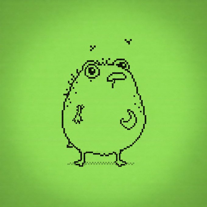 A pixel art illustration of a simple, lopsided green creature with one large eye on a bright green background.