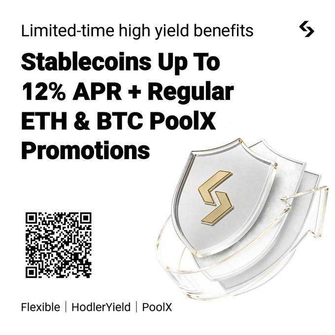 A promotional graphic featuring a white and gold shield with a Bitget "S" logo, advertising "Limited-time high yield benefits" including "Stablecoins Up To 12% APR + Regular ETH & BTC PoolX Promotions," alongside a QR code and footer text reading "Flexible | HodlerYield | PoolX"—visually reinforcing the post's VIP perks, including USDT (10% APR), USDGO (12% APR), an 8% HodlerYield boost, and ETH/BTC PoolX reward pools.
