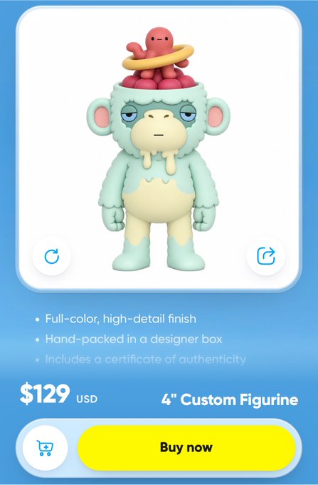 A mobile app interface displays a 3D figurine of a light blue monkey with a pink octopus emerging from its head, listed as a 4" Custom Figurine for $129 USD with a yellow "Buy now" button.
