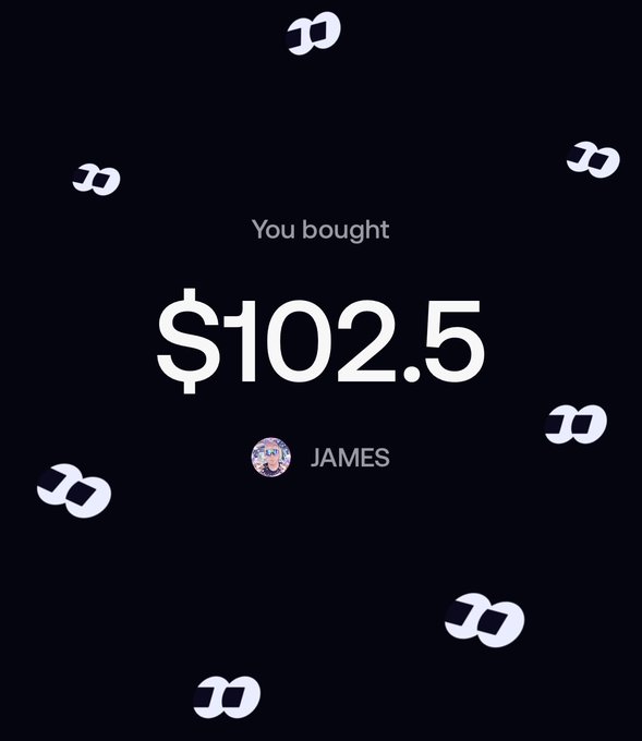 The image is a transaction confirmation showing a $102.5 purchase of the $JAMES token, featuring the Monad (MON) logo scattered across a black background. The user "JAMES" is displayed with a profile picture below the purchase amount, confirming the buy transaction referenced in the post about acquiring $JAMES on Monad.