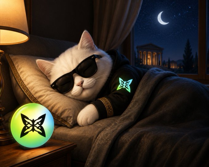 A white cat wearing sunglasses and a black hoodie with a glowing butterfly logo sleeps by a window showing a crescent moon over ancient ruins, with a glowing orb beside it.