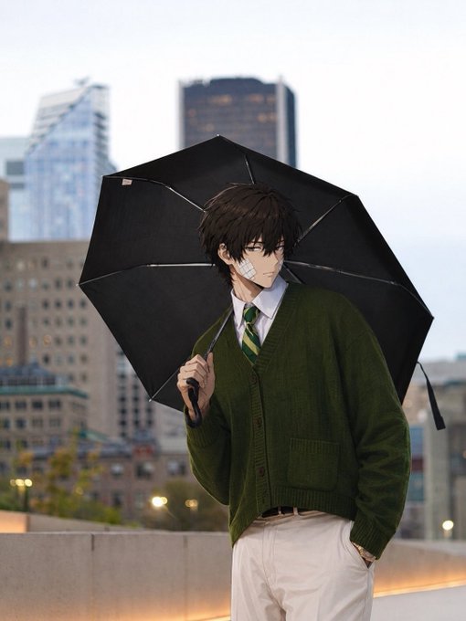 An anime-style character with dark hair, a bandaged face, glasses, a green cardigan, white shirt, green striped tie, and white pants holds a black umbrella against a city backdrop.