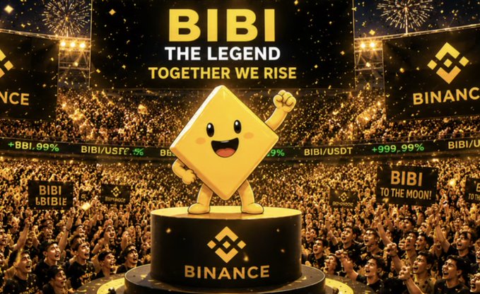 The image depicts a cartoonish golden BNB (Binance coin) mascot standing triumphantly on a podium before a massive crowd, with banners reading "BIBI THE LEGEND" and "BIBI/USDT +999.99%" surrounding a "BINANCE" logo and "TO THE MOON!" signs. The hype imagery and absurd "999.99%" pump perfectly match the poster's bold claim that BNB will hit a $1 billion valuation.