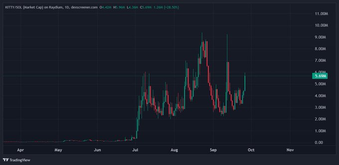 A TradingView candlestick chart showing RTTTY/SOL (Market Cap) on Raydium with current price 5.69M, up 28.25% (1.20M), displaying price action from April through November.