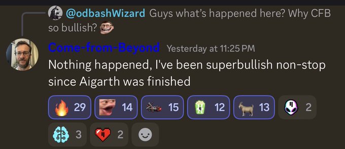A Telegram chat shows user @odbashWizard asking "Guys what's happened here? Why CFB so bullish?" and user Come-From-Beyond replying "Nothing happened, I've been superbullish non-stop since Aigarth was finished," with 29 fire, 14 nerd, 15 bitcoin, 12 green rectangle, 13 goat, 2 down arrow, 3 brain, and 2 broken heart reactions below.