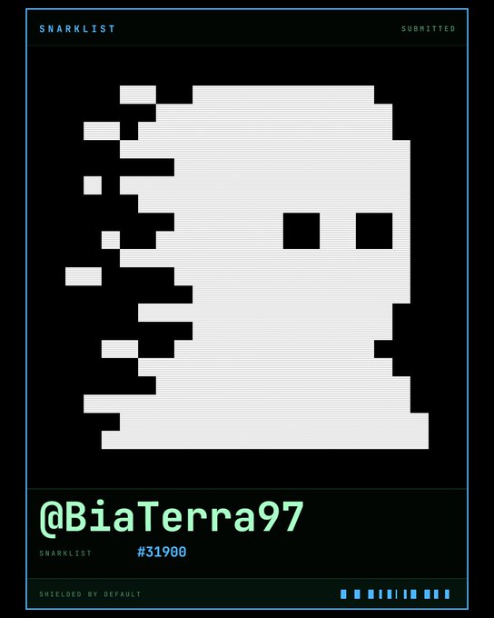 A 'SNARKLIST' digital card displaying a pixelated ghost-like figure with a frowning expression, credited to '@BiaTerra97' with the number '#31900'.