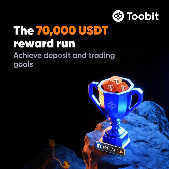The image is a promotional graphic for Toobit featuring a blue trophy filled with orange USDT tokens, displayed on a rocky surface with the text "The 70,000 USDT reward run — Achieve deposit and trading goals" and a banner highlighting the weekend event (FRI SAT SUN). It visually reinforces the post's message by showcasing the prize pool and encouraging users to participate in the weekend deposit and trading challenge to earn rewards from the 70,000 USDT pool.