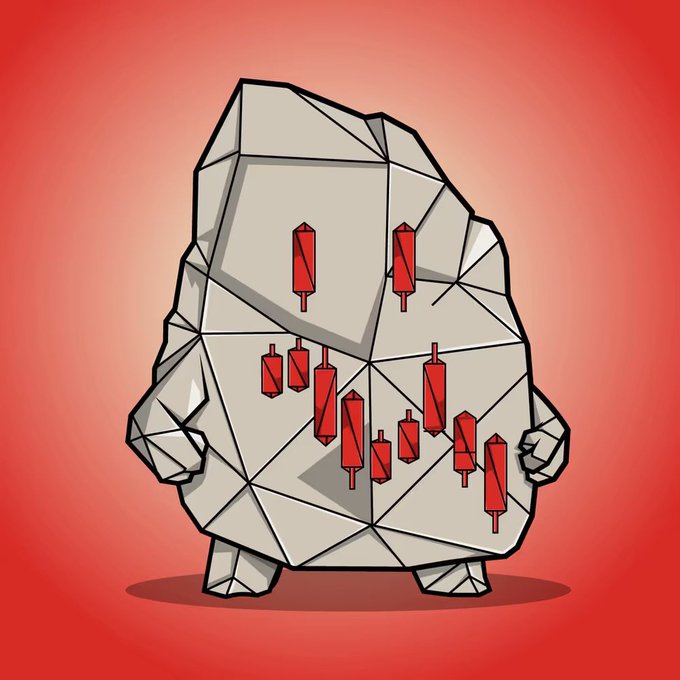A cartoon illustration of a gray, rock-like polygonal character against a red background, featuring red candlestick chart patterns arranged to look like a face and body, symbolizing bearish stock market trends.