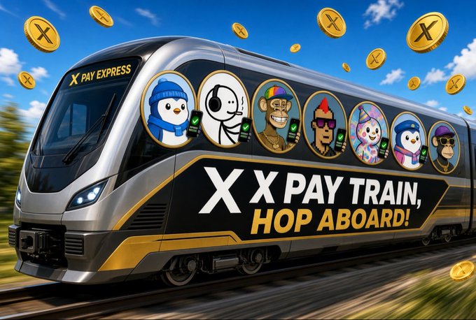 A digital illustration of a sleek silver and black train labeled 'X XPAY TRAIN, HOP ABOARD!' and 'X PAY EXPRESS', decorated with NFT-style character portraits, surrounded by floating gold 'X' coins.