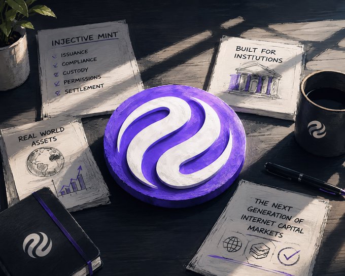 A purple and white Injective logo sits center stage on a wooden desk surrounded by branded cards listing "INJECTIVE MINT" features (Issuance, Compliance, Custody, Permissions, Settlement) alongside "REAL WORLD ASSETS" and "BUILT FOR INSTITUTIONS" notes, visually reinforcing the announcement of Injective Mint as a unified solution for bringing real-world assets onchain.