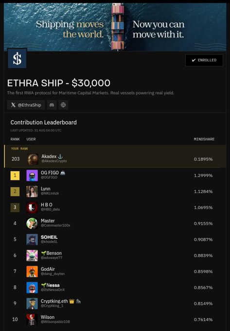 A screenshot of ETHRA SHIP ($30,000), 'The first RWA protocol for Maritime Capital Markets,' showing a Contributor Leaderboard with users like OG FIGO, Lynn, and HBO with their mindshare percentages.