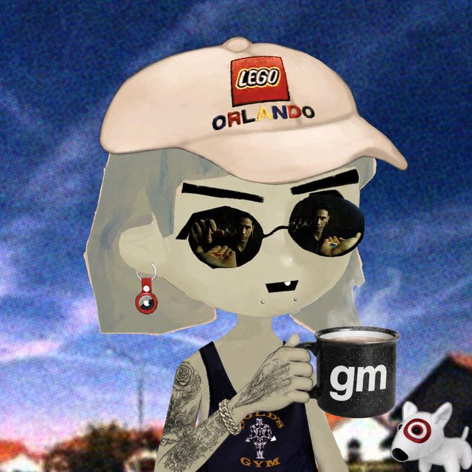 An illustrated gray character wearing a "LEGO ORLANDO" cap and aviator sunglasses (reflecting another figure) holds a black "gm" mug, paired with a small white bull terrier sporting a Target logo, visually echoing the post's "gm" (good morning) greeting and Bull Terrier community culture tied to $CULT.