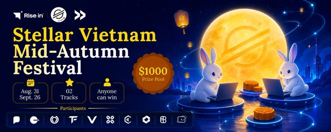 A promotional banner for the 'Stellar Vietnam Mid-Autumn Festival' with a $1000 prize pool, featuring white rabbits with laptops and mooncakes.