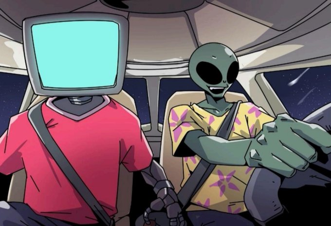 Illustration of a green alien driving a car alongside a humanoid figure with a TV/monitor for a head, both wearing seatbelts in what appears to be a spaceship or vehicle interior.