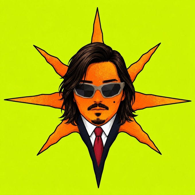 Illustration of a stylized man with long dark hair, sunglasses, suit, and red tie, set against an orange spiked star on a green background.