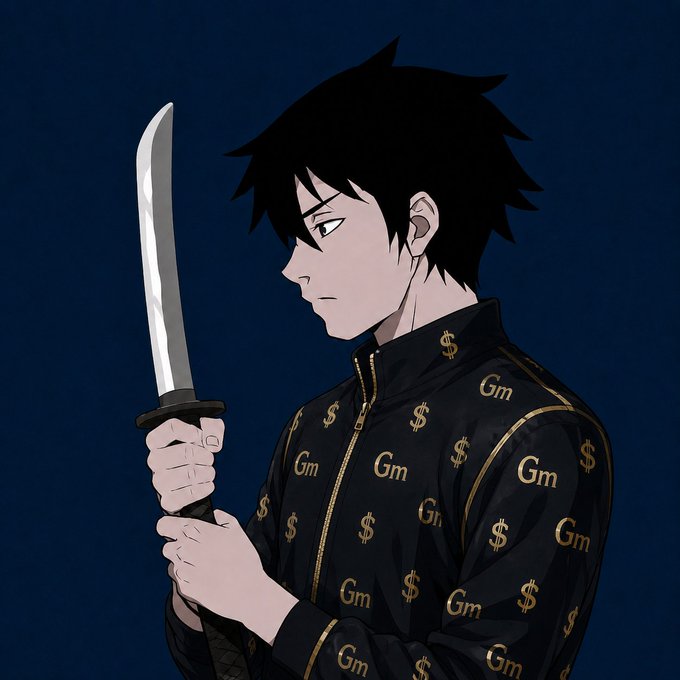 An anime-style character with dark hair holds a knife while wearing a black jacket patterned with gold "$" and "Gm" symbols.