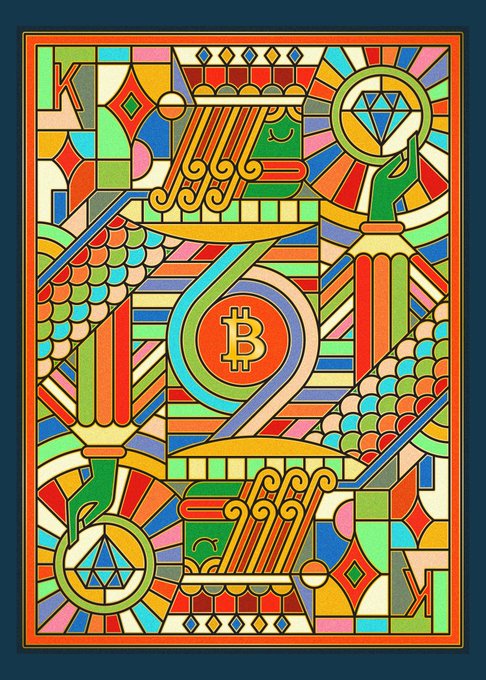 A colorful, ornate playing card design featuring intricate geometric patterns with "BTC" and Bitcoin-related symbols, reflecting the "Art on Bitcoin" theme by blending traditional playing card aesthetics with cryptocurrency iconography. A Bitcoin "B" emblem sits prominently at the card's center, flanked by diamond symbols in the corners.