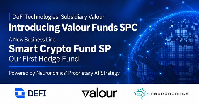 A promotional graphic from DeFi Technologies' subsidiary Valour announces the launch of Valour Funds SPC and its inaugural Smart Crypto Fund SP—an actively managed, AI-powered hedge fund using Neuronomics' proprietary strategy and designed for professional and qualified investors, alongside the DeFi, Valour, and Neuronomics logos.