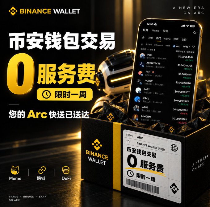 A Binance Wallet promotional advertisement in Chinese announcing '0 服务费' (0 service fee) for one week, featuring 'A NEW ERA ON ARC' branding and showing various cryptocurrency prices.