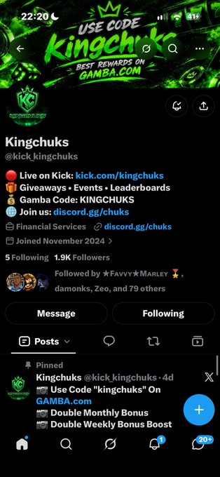 A screenshot of an Instagram profile named “Kingchuks” (@kick.kingchuks) shows a green gambling-themed banner and text including “Gamba Code: KINGCHUKS,” “Join us: discord.gg/chuks,” and “Use Code ‘kingchuks’ On GAMBA.com.”