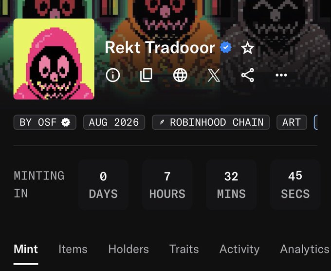 A countdown timer for the "Rekt Tradooor" NFT drop on Robinhood Chain shows minting opens in 0 days, 7 hours, 32 minutes, and 45 seconds, with skull-themed pixel art avatars matching the post's "rekt tradooors" theme.
