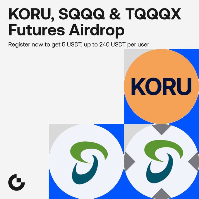 A promotional graphic for a KORU, SQQQ & TQQQ Futures Airdrop, offering 5 USDT registration bonus up to 240 USDT per user, featuring circular logos for the three assets.