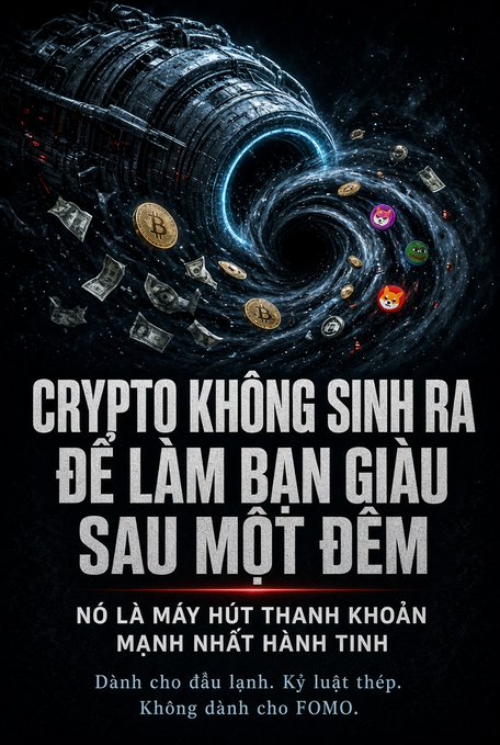 A Vietnamese cryptocurrency warning poster showing a black hole/vortex in space with Bitcoin coins and meme icons swirling into it, with text: 'CRYPTO KHÔNG SINH RA ĐỂ LÀM GIÀU SAU MỘT ĐÊM. NÓ LÀ MÁY HÚT THANH KHOẢN MẠNH NHẤT HÀNH TINH. Dành cho dâu lành. Kỷ luật thép. Không dành cho FOMO.'