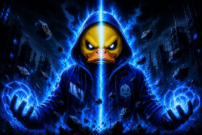 Digital artwork of a duck in a blue hoodie surrounded by blue lightning energy, with floating debris and a small cartoon character on the chest.