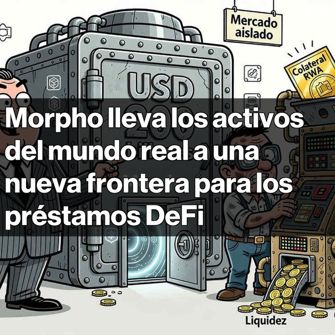 A cartoon illustration of two characters (a man in a suit and a worker with goggles) next to a large safe labeled 'USD' and a gold bar labeled 'Colateral RWA', with text reading 'Morpho lleva los activos del mundo real a una nueva frontera para los préstamos DeFi' and 'Liquidez'.