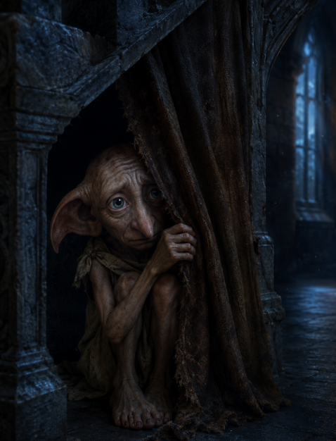 A cinematic image of a small, large-eared house-elf creature peeking out from behind a tattered curtain in a dark stone castle hallway.