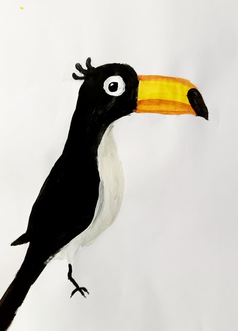 A hand-painted illustration of a black toucan with a white belly, white-rimmed eye, and a large orange-and-yellow beak, shown standing against a white background. The artwork appears to be a tezos NFT titled "Colorful Toucan" priced at 35 xtz, as indicated by the caption.