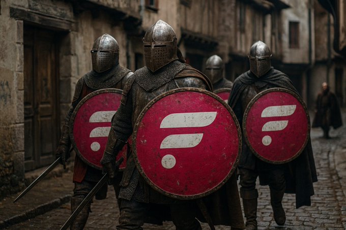 The image shows a group of people dressed in medieval armor, walking down a street or alleyway. They are carrying shields with red and white designs that have the letters "F" and "L" printed on them. The shields appear to be old and worn, suggesting they might be historical artifacts. One person is holding a sword, which adds to the authenticity of their medieval appearance.