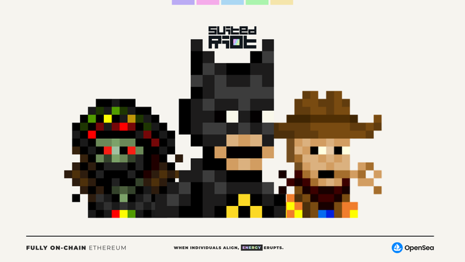 A pixel art promotional image for 'SURVIVEd PROBE' featuring three blocky characters including a Batman-like figure, Predator, and a cowboy, branded as 'FULLY ON-CHAIN ETHEREUM' with the tagline 'WHEN INDIVIDUALS ALIGN, ENERGY ERUPTS.' and the OpenSea logo.