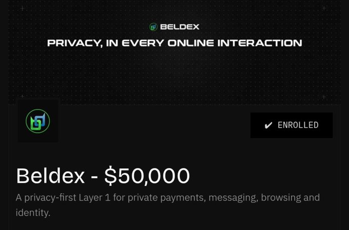 A screenshot of a cryptocurrency webpage titled 'BELDEX - PRIVACY, IN EVERY ONLINE INTERACTION' showing an enrolled token offering for 'Beldex - $50,000', described as 'A privacy-first Layer 1 for private payments, messaging, browsing and identity.'