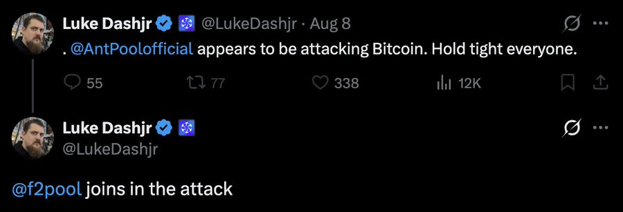 A Twitter thread by Luke Dashjr (@LukeDashjr) posted on Aug 8 stating '@AntPoolofficial appears to be attacking Bitcoin. Hold tight everyone,' followed by '@f2pool joins in the attack.'