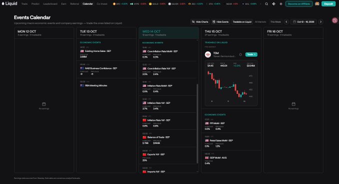 A screenshot of the Liquid financial platform's "Events Calendar" page displays upcoming macroeconomic events and earnings scheduled from Monday Oct 12 to Friday Oct 16, including various GDP, inflation, and retail sales reports.