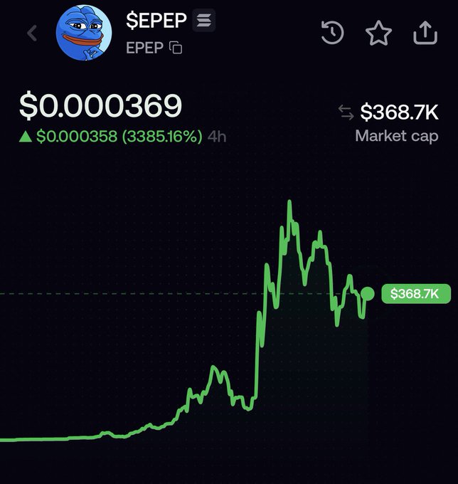 The image shows a cryptocurrency chart for $EPEP (EPEP) on EPEP, displaying a price of $0.0000369 with an astronomical 33,385.16% gain over 4 hours and a market cap of $368.7K. The chart illustrates a steep vertical spike followed by volatile consolidation, reflecting the poster's bullish outlook that the breakout pause is temporary before the next major rally toward millions in market cap.