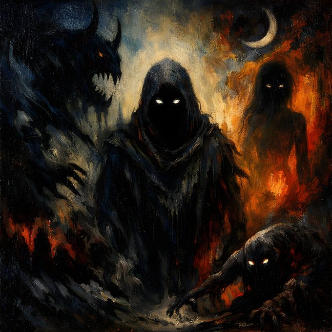 The image features a painting of three dark figures with hooded robes standing together against a backdrop of flames, possibly representing a fire-breathing dragon or other mythical creature. The figures are positioned close to each other, creating an atmosphere of unity and strength. The background is filled with smoke and flames, further emphasizing the intensity of the scene. The painting seems to be a representation of the hunt for blood in the image, as indicated by the phrase "Day 166. The Hunt" above it. This phrase suggests that the figures are on a mission or participating in an ancient ritual related to blood-seeking.